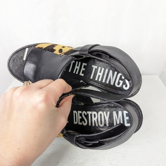 I Desire The Things That Will Destroy Me Calf Hair Cow Print Block Heel Sandals - Picture 9 of 9